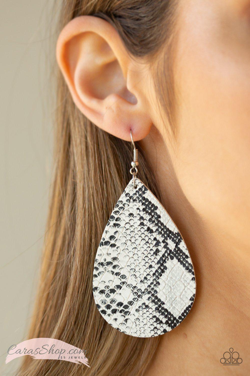 Hiss, Hiss White Leather Animal Print Earrings - Paparazzi Accessories- lightbox - CarasShop.com - Paparazzi Jewelry by Cara Jewels