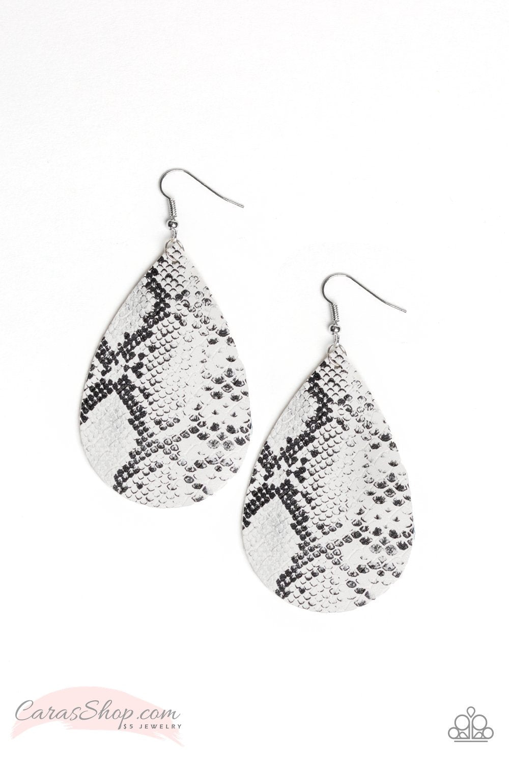 Hiss, Hiss White Leather Animal Print Earrings - Paparazzi Accessories- on model - CarasShop.com - Paparazzi Jewelry by Cara Jewels