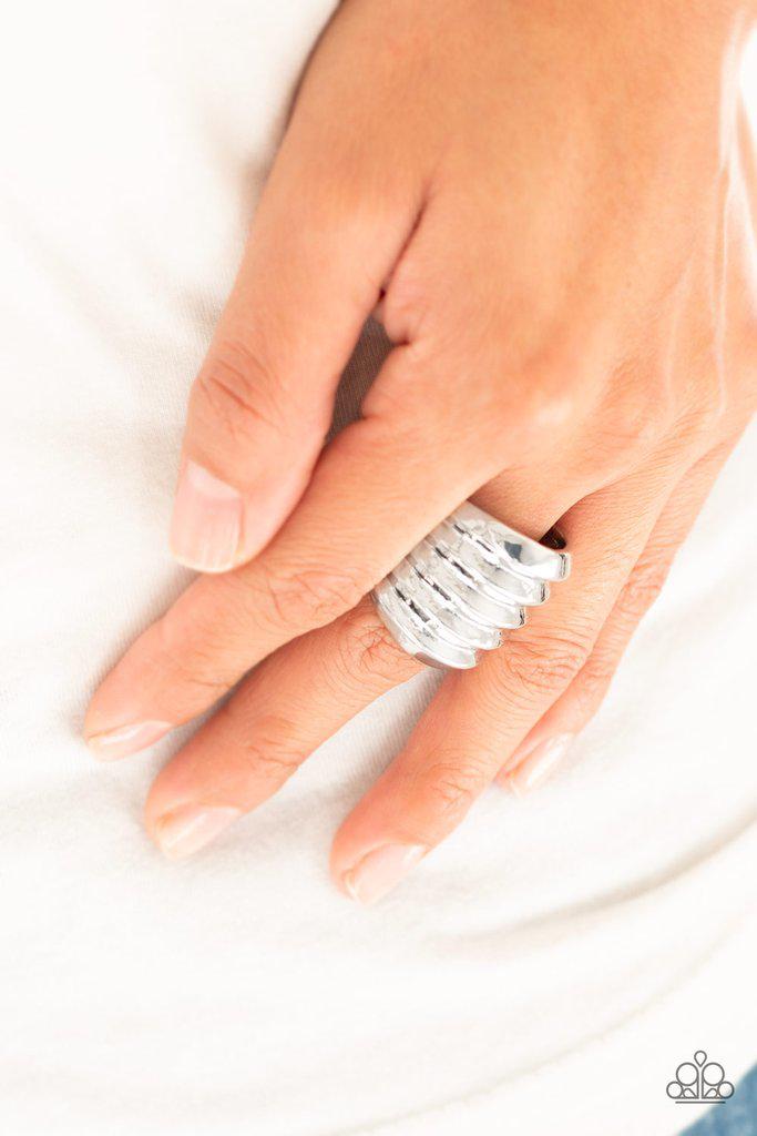 Hit 'Em Where It Hurts Silver Ring - Paparazzi Accessories- on model - CarasShop.com - Paparazzi Jewelry by Cara Jewels