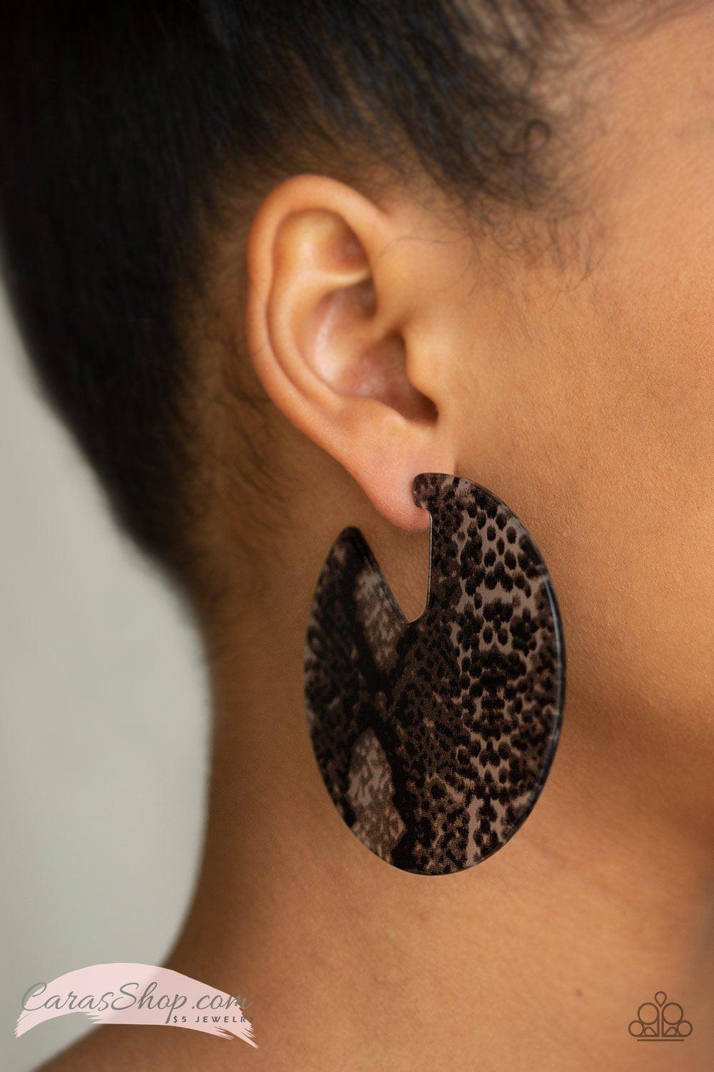 Hit or HISS - Black Animal Print Acrylic Hoop Earrings - Paparazzi Accessories- lightbox - CarasShop.com - Paparazzi Jewelry by Cara Jewels