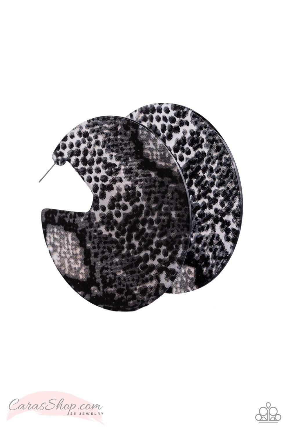 Hit or HISS - Black Animal Print Acrylic Hoop Earrings - Paparazzi Accessories- on model - CarasShop.com - Paparazzi Jewelry by Cara Jewels