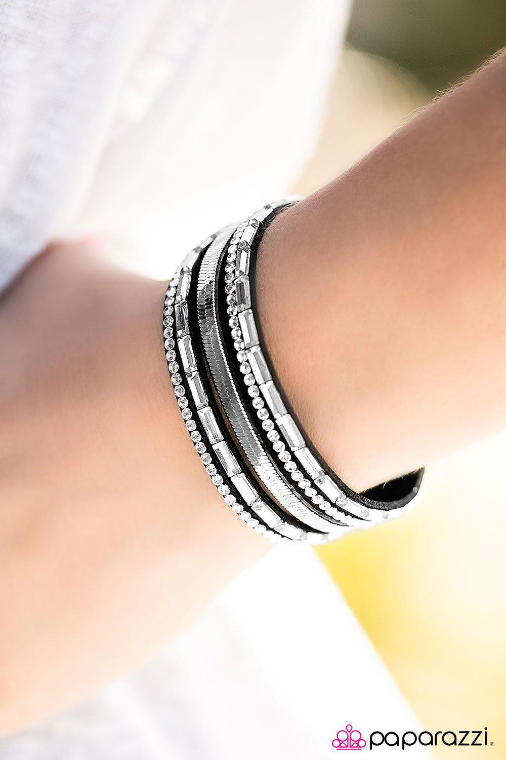 Hit The Lights Black and Silver Urban Wrap Snap Bracelet - Paparazzi Accessories- on model - CarasShop.com - Paparazzi Jewelry by Cara Jewels