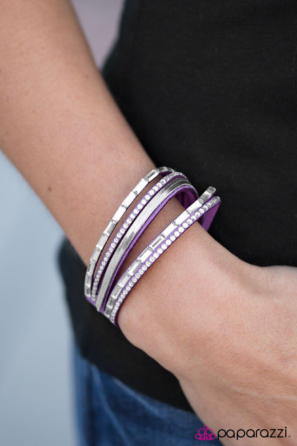 Hit The Lights Purple and Silver Urban Wrap Snap Bracelet - Paparazzi Accessories- on model - CarasShop.com - Paparazzi Jewelry by Cara Jewels