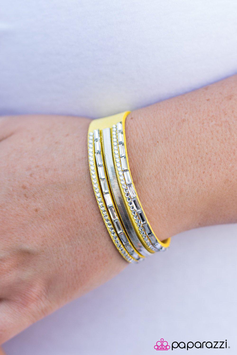 Hit The Lights Yellow and Silver Urban Wrap Snap Bracelet - Paparazzi Accessories- lightbox - CarasShop.com - Paparazzi Jewelry by Cara Jewels