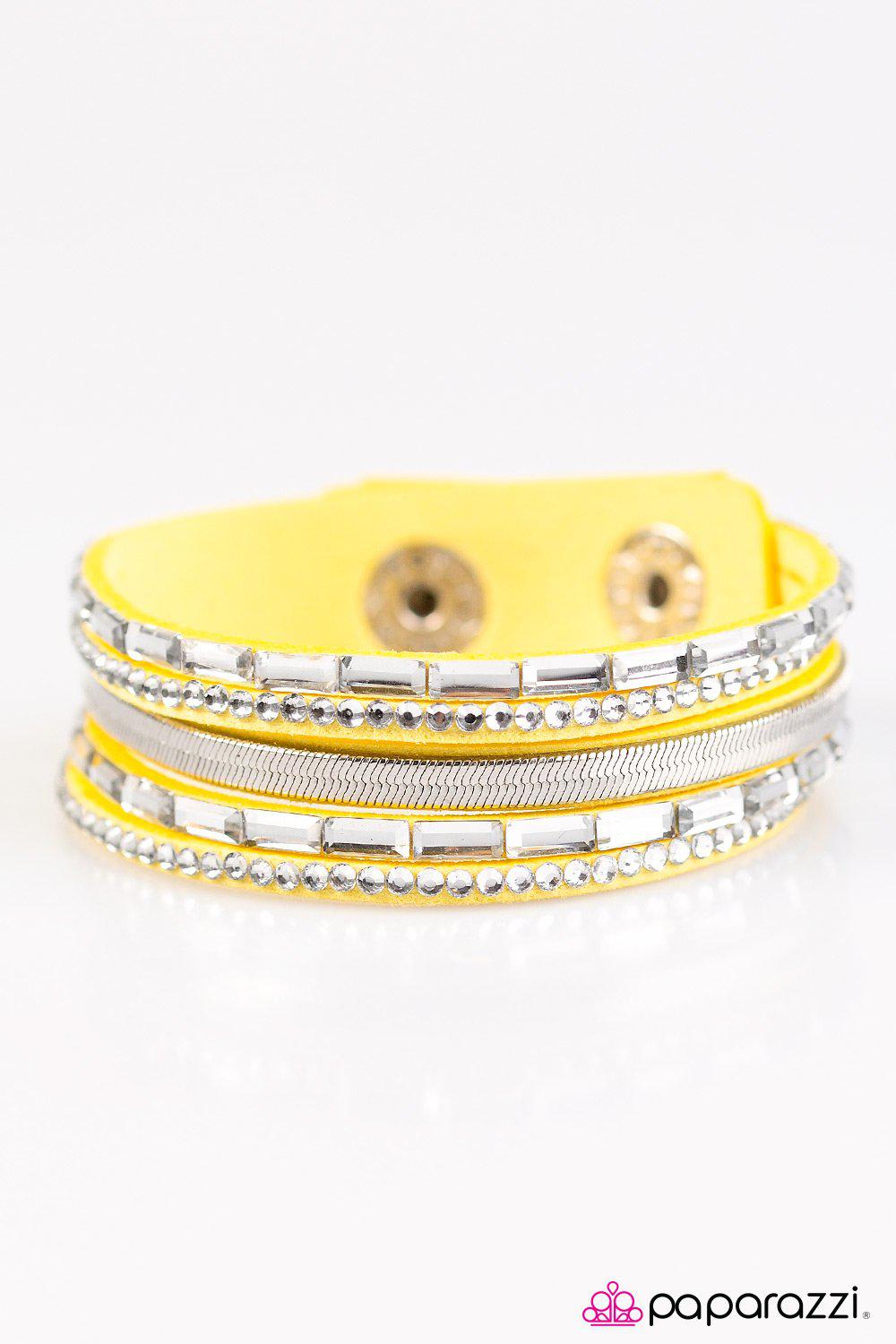 Hit The Lights Yellow and Silver Urban Wrap Snap Bracelet - Paparazzi Accessories- on model - CarasShop.com - Paparazzi Jewelry by Cara Jewels