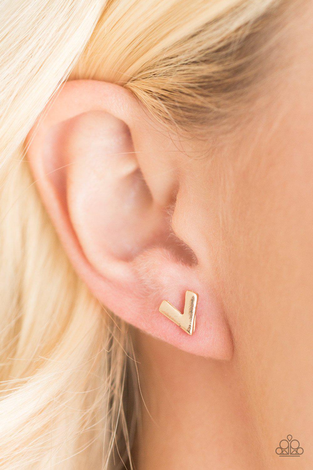 Hit The Mark Gold Post Earrings - Paparazzi Accessories- on model - CarasShop.com - Paparazzi Jewelry by Cara Jewels