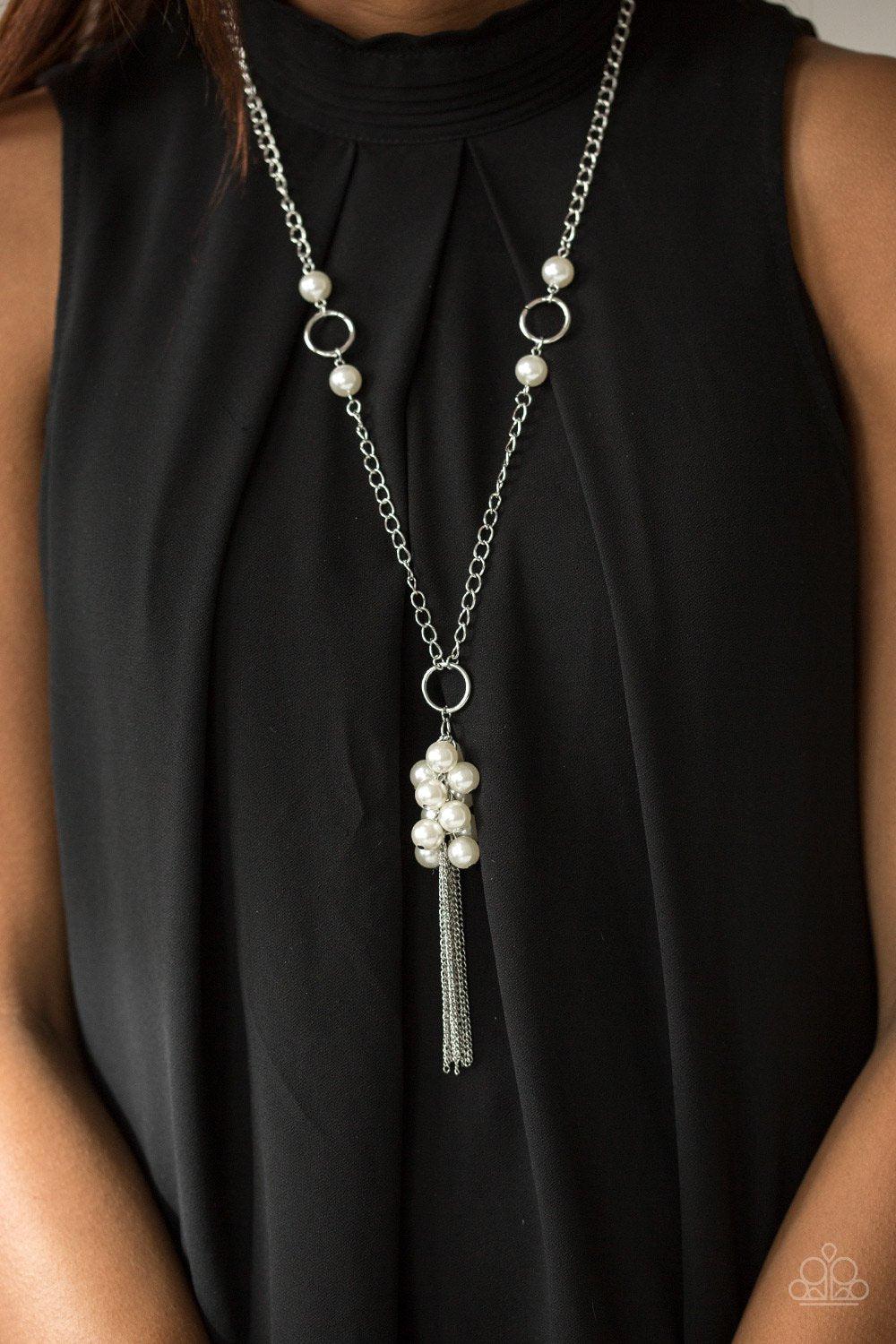 Hit The Runway Silver and White Pearl Necklace - Paparazzi Accessories- lightbox - CarasShop.com - Paparazzi Jewelry by Cara Jewels