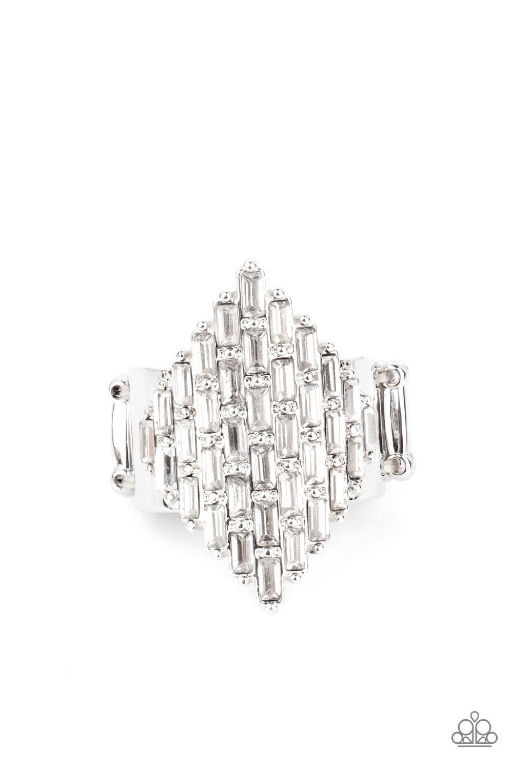 Hive Hustle White Rhinestone Ring - Paparazzi Accessories- lightbox - CarasShop.com - Paparazzi Jewelry by Cara Jewels