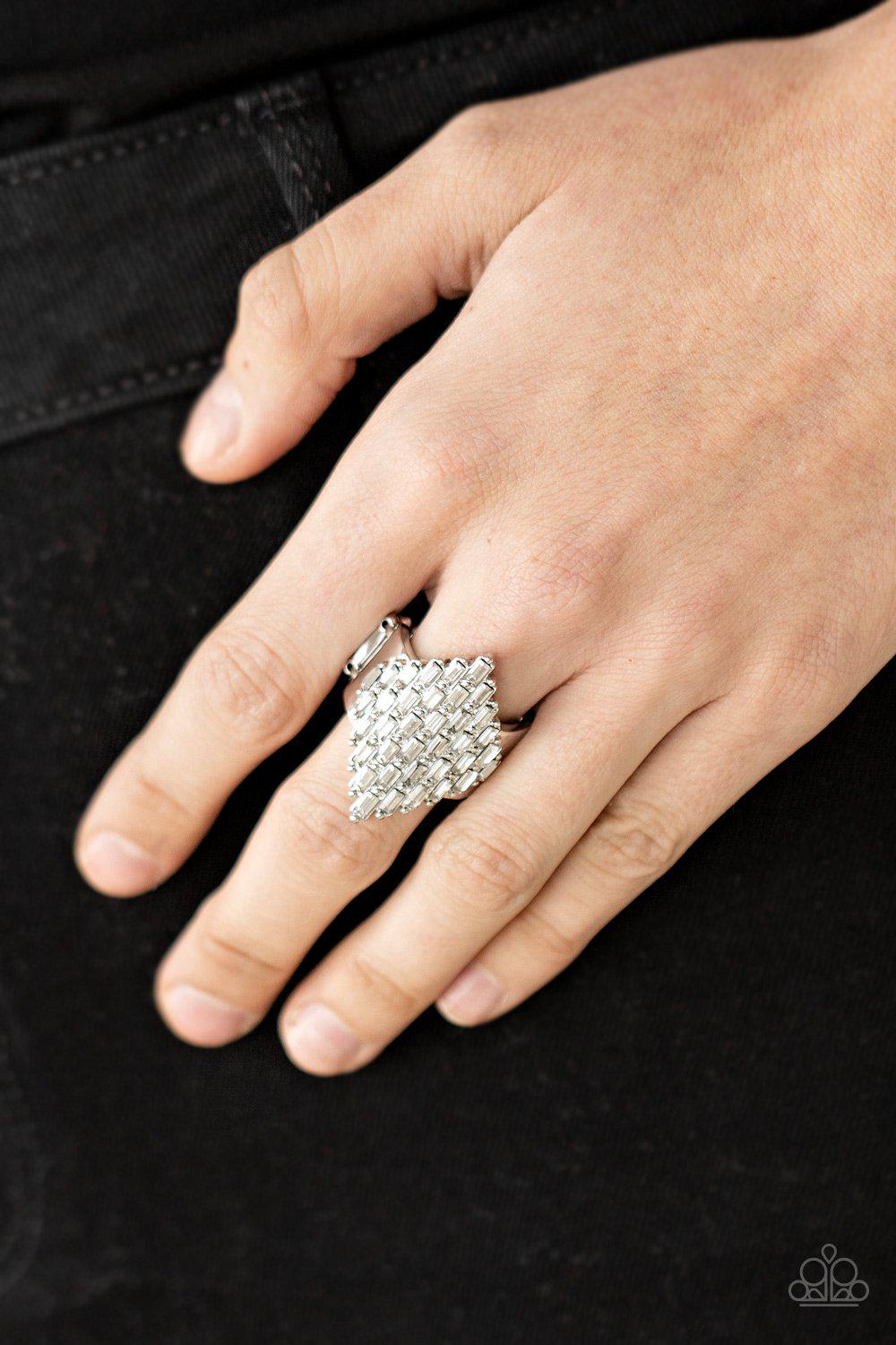 Hive Hustle White Rhinestone Ring - Paparazzi Accessories- on model - CarasShop.com - Paparazzi Jewelry by Cara Jewels
