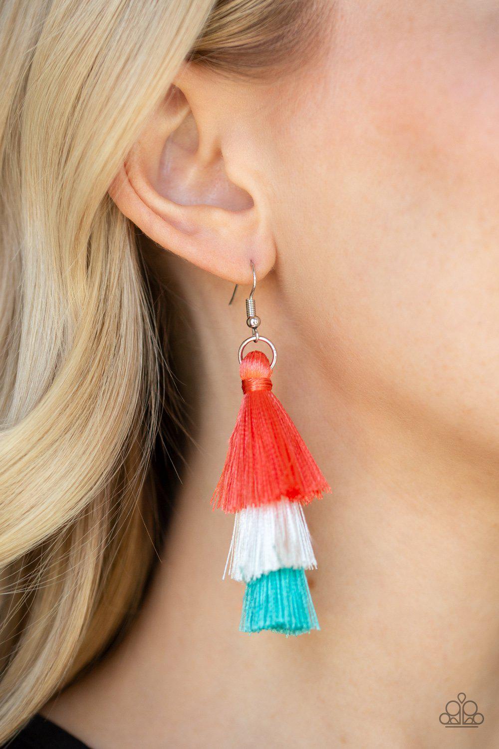 Hold On To Your Tassel! Coral, White and Blue Tassel Earrings - Paparazzi Accessories- lightbox - CarasShop.com - Paparazzi Jewelry by Cara Jewels