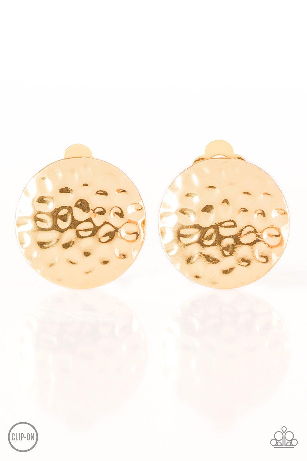 Hold The SHINE Hammered Gold Clip-on Earrings - Paparazzi Accessories- lightbox - CarasShop.com - Paparazzi Jewelry by Cara Jewels
