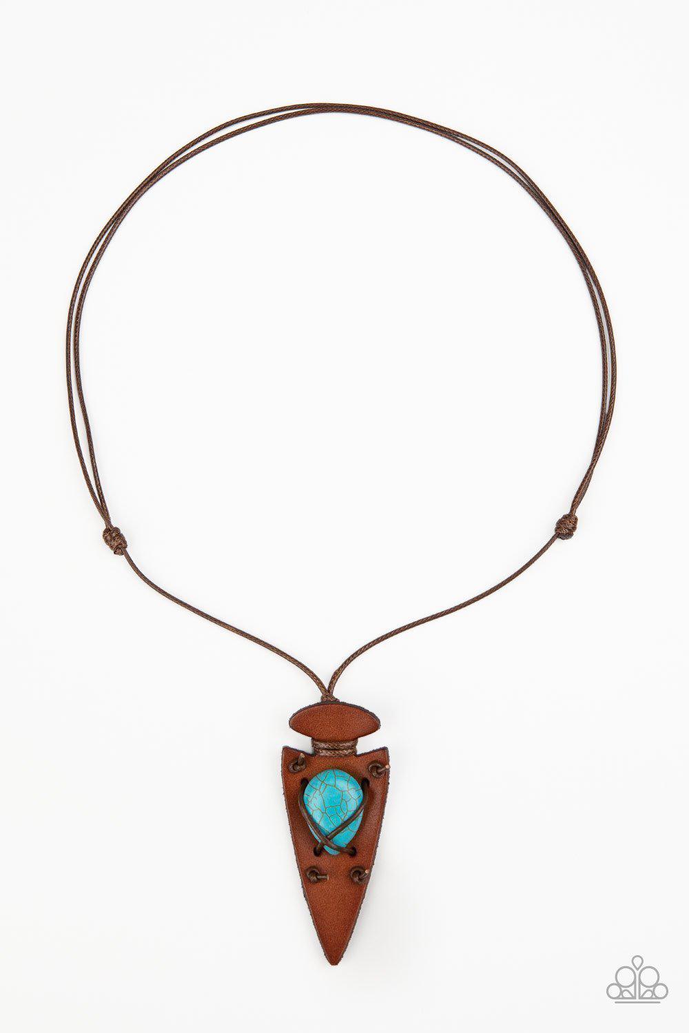 Hold Your ARROWHEAD Up High Turquoise Blue Stone and Brown Leather Urban Necklace - Paparazzi Accessories- lightbox - CarasShop.com - Paparazzi Jewelry by Cara Jewels