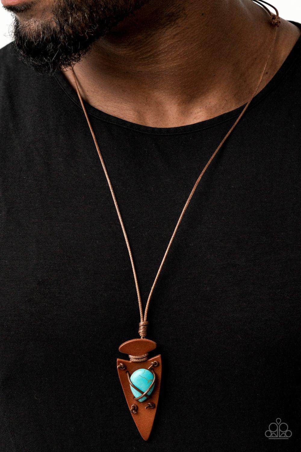 Hold Your ARROWHEAD Up High Turquoise Blue Stone and Brown Leather Urban Necklace - Paparazzi Accessories- on model - CarasShop.com - Paparazzi Jewelry by Cara Jewels