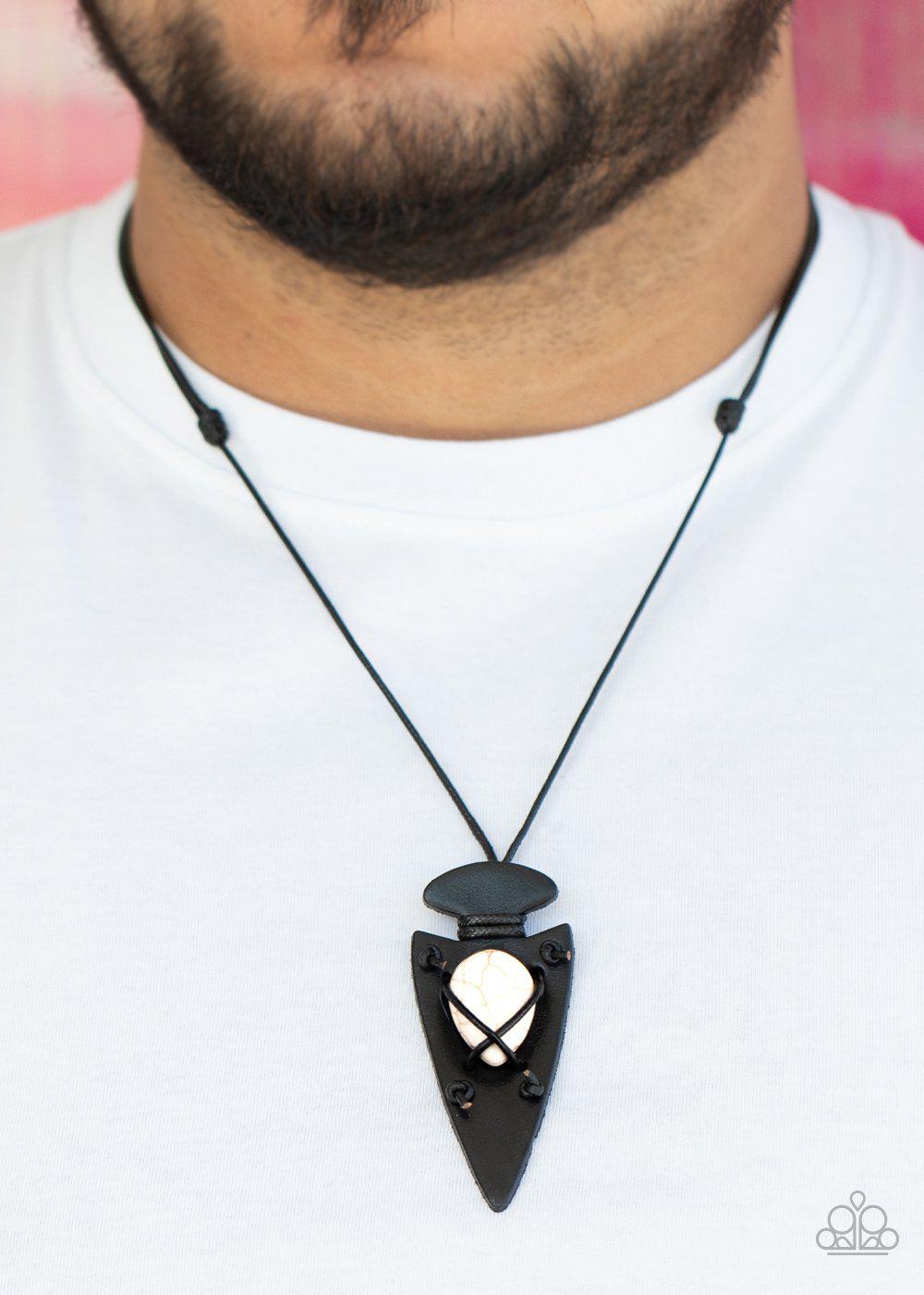 Hold Your ARROWHEAD Up High White Stone and Black Leather Urban Necklace - Paparazzi Accessories- lightbox - CarasShop.com - Paparazzi Jewelry by Cara Jewels