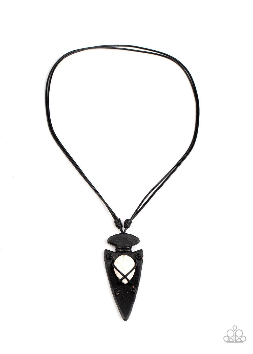 Hold Your ARROWHEAD Up High White Stone and Black Leather Urban Necklace - Paparazzi Accessories- on model - CarasShop.com - Paparazzi Jewelry by Cara Jewels