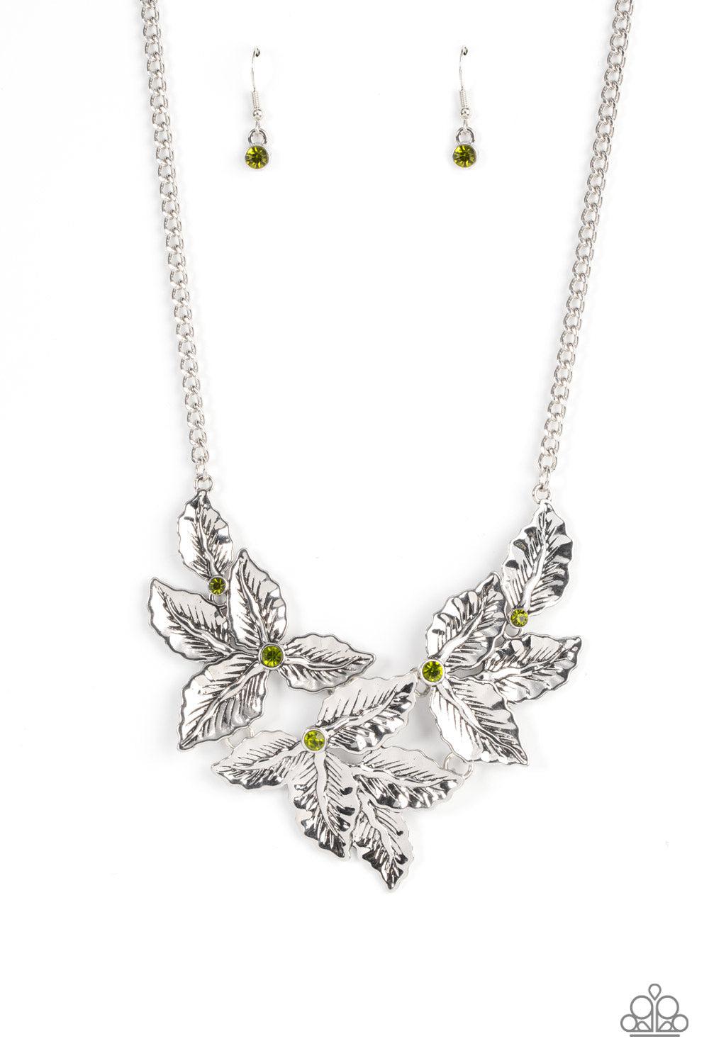 Holly Heiress Green Gem & Silver Leaf Necklace - Paparazzi Accessories- lightbox - CarasShop.com - Paparazzi Jewelry by Cara Jewels