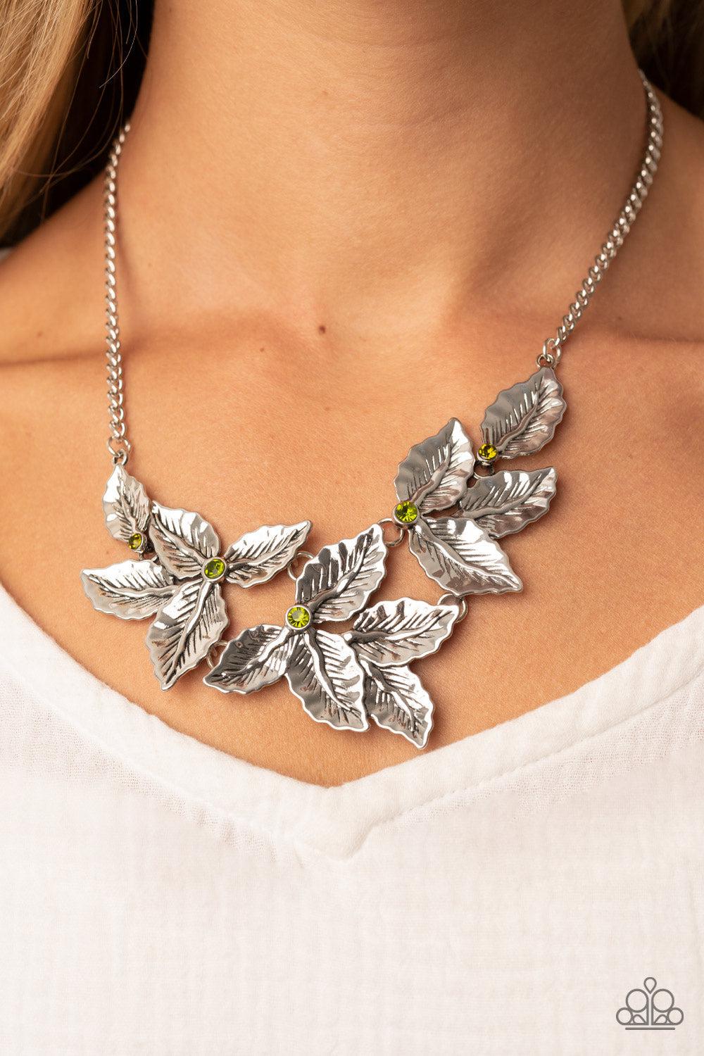 Holly Heiress Green Gem & Silver Leaf Necklace - Paparazzi Accessories- lightbox - CarasShop.com - Paparazzi Jewelry by Cara Jewels
