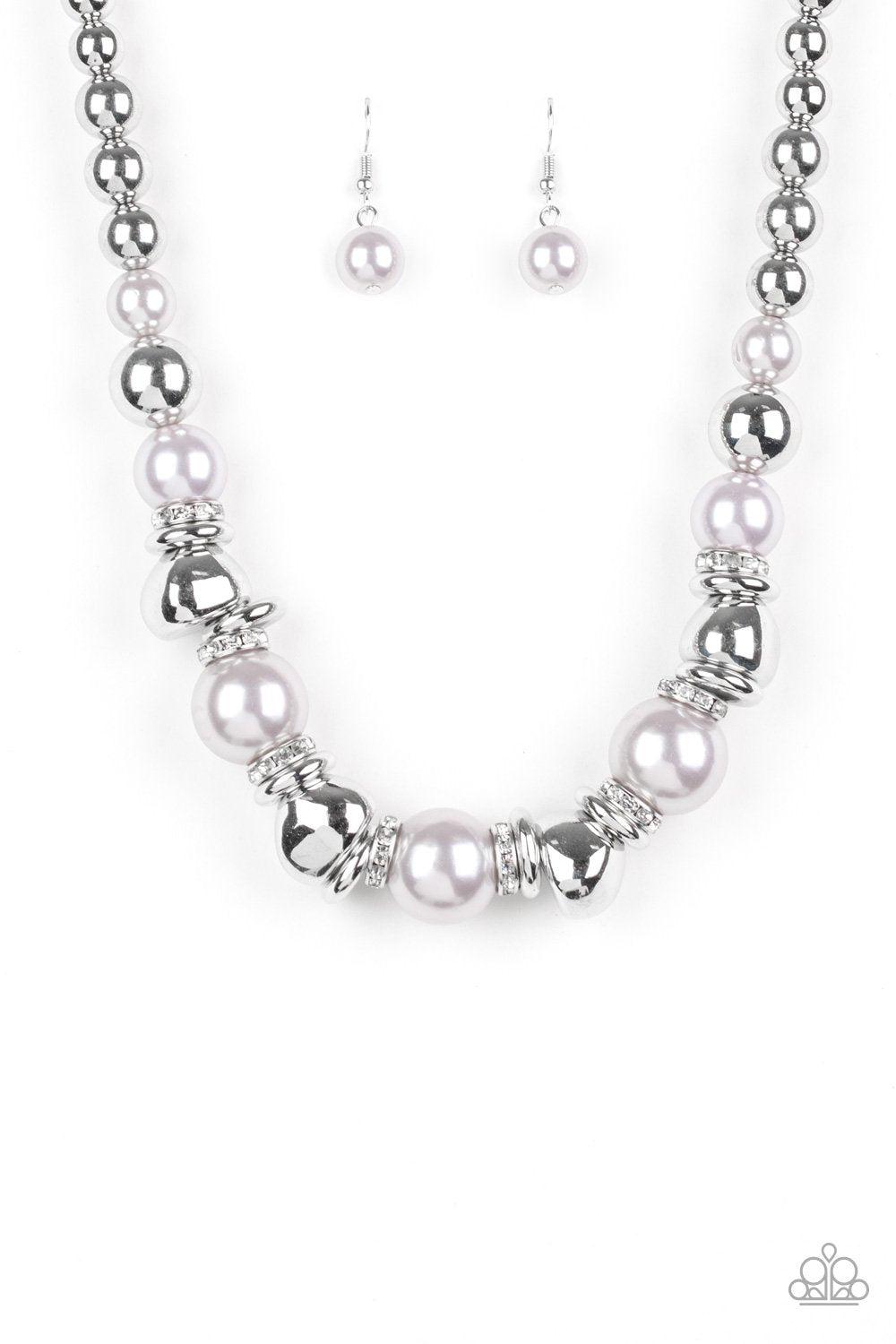 Hollywood HAUTE Spot Silver Pearl Necklace - Paparazzi Accessories- on model - CarasShop.com - Paparazzi Jewelry by Cara Jewels