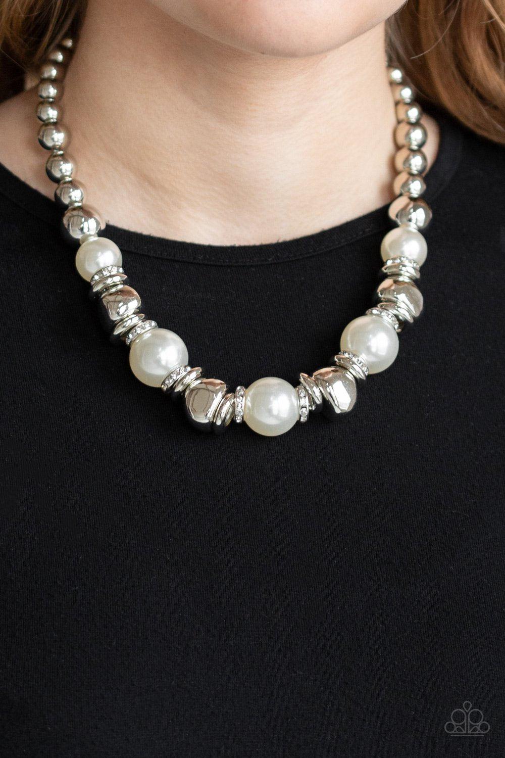 Hollywood HAUTE Spot White Pearl and Silver Necklace - Paparazzi Accessories- on model - CarasShop.com - Paparazzi Jewelry by Cara Jewels