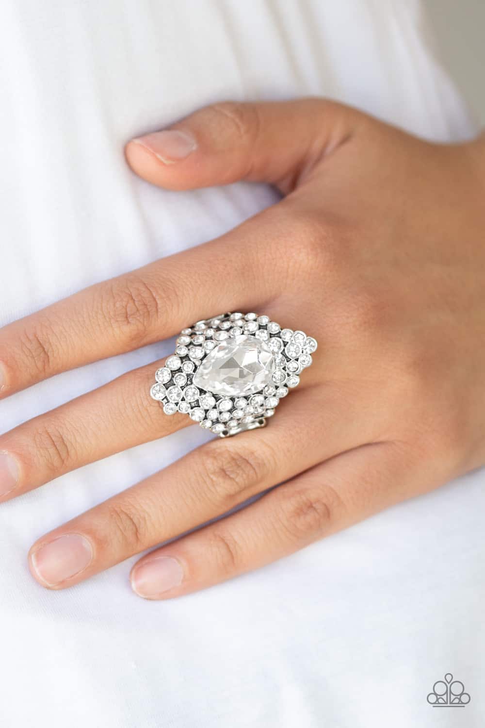 Hollywood Heiress White Rhinestone Ring - Paparazzi Accessories- lightbox - CarasShop.com - Paparazzi Jewelry by Cara Jewels