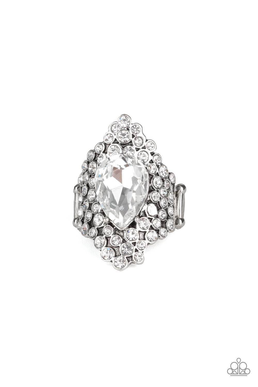 Hollywood Heiress White Rhinestone Ring - Paparazzi Accessories- on model - CarasShop.com - Paparazzi Jewelry by Cara Jewels