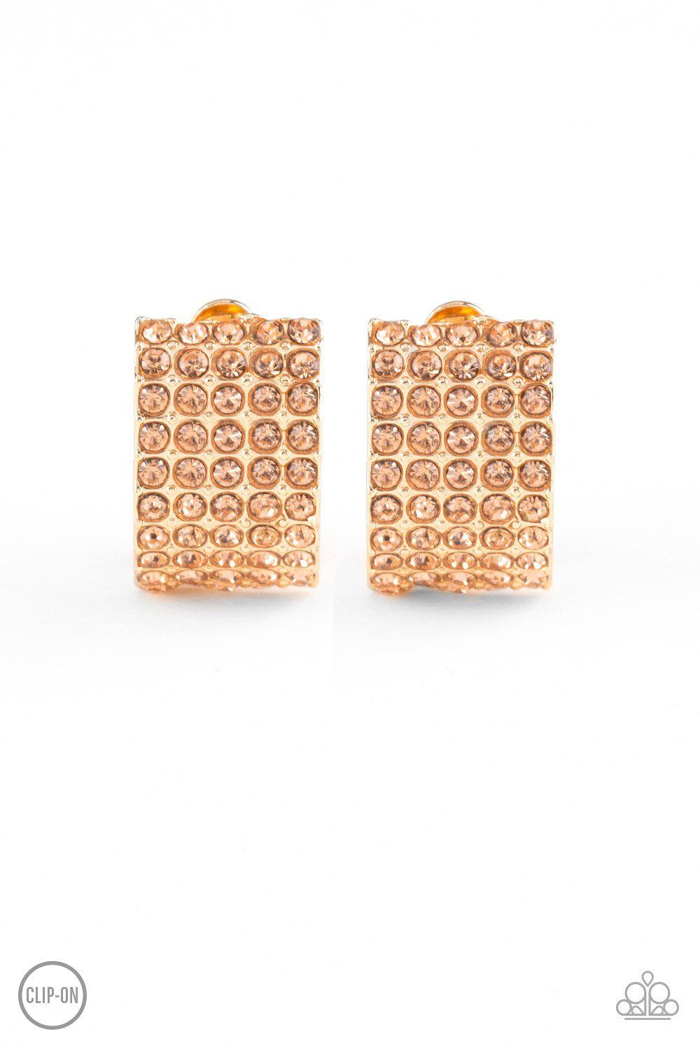 Hollywood Hotshot Gold Rhinestone Clip-on Earrings - Paparazzi Accessories- lightbox - CarasShop.com - Paparazzi Jewelry by Cara Jewels