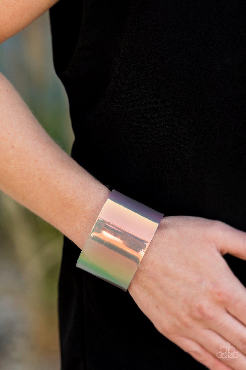Holographic Aura Multi-colored Acrylic Cuff Bracelet - Paparazzi Accessories- on model - CarasShop.com - Paparazzi Jewelry by Cara Jewels