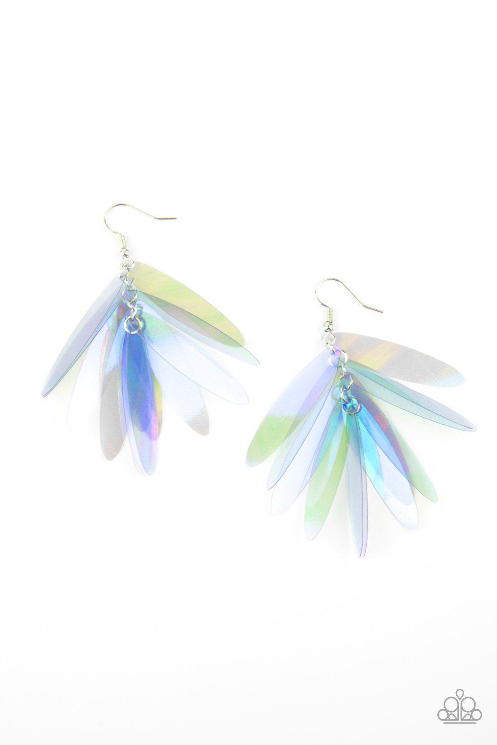 Holographic Glamour Blue Iridescent Sequin Earrings - Paparazzi Accessories- on model - CarasShop.com - Paparazzi Jewelry by Cara Jewels