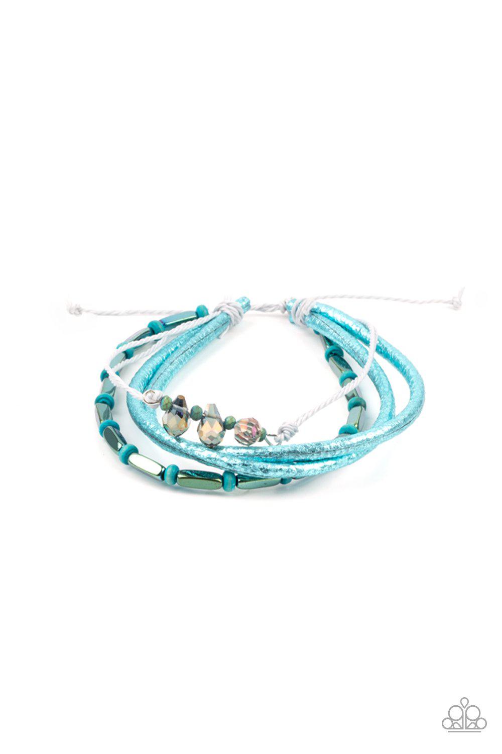 Holographic Hike Blue Leather Urban Sliding Knot Bracelet - Paparazzi Accessories- on model - CarasShop.com - Paparazzi Jewelry by Cara Jewels