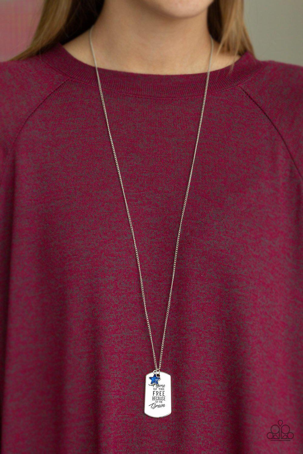 Home of the Free Blue and Silver Inspirational Dog Tag Necklace - Paparazzi Accessories- lightbox - CarasShop.com - Paparazzi Jewelry by Cara Jewels
