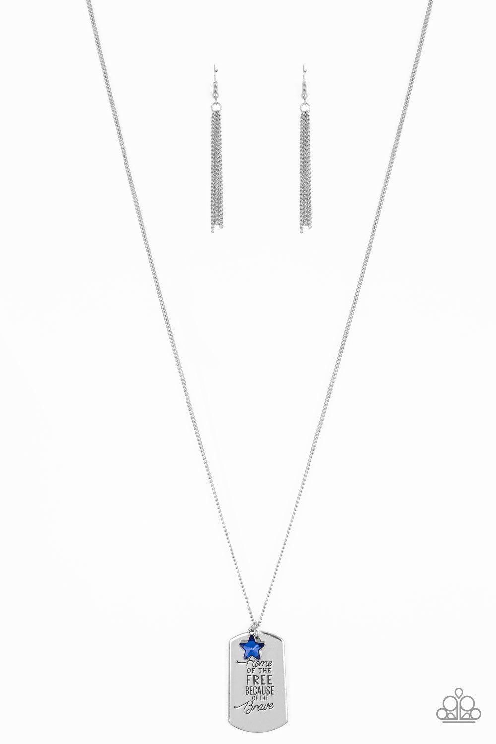 Home of the Free Blue and Silver Inspirational Dog Tag Necklace - Paparazzi Accessories- on model - CarasShop.com - Paparazzi Jewelry by Cara Jewels