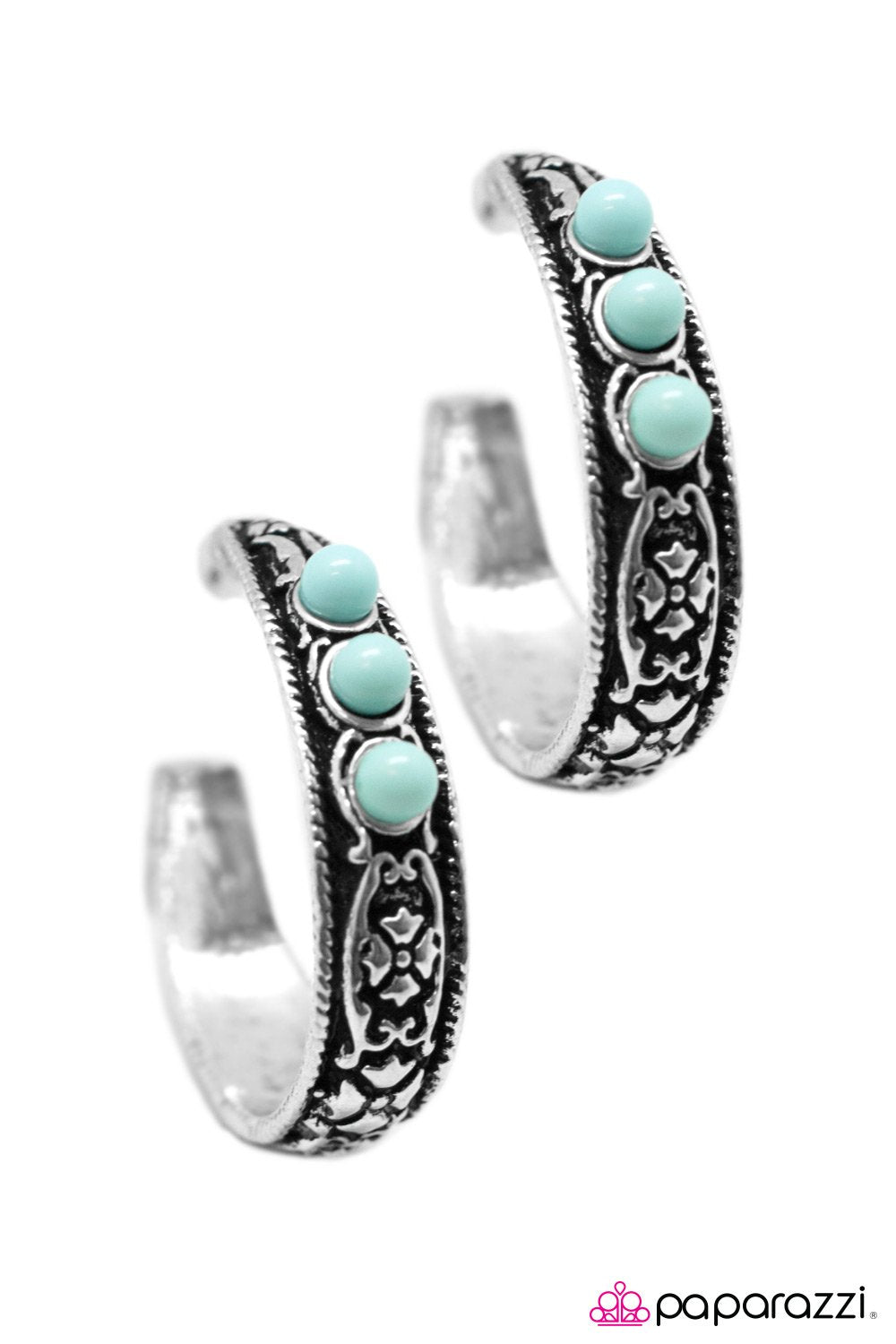 Home On The Range Limpet Shell Blue Hoop Earrings - Paparazzi Accessories- on model - CarasShop.com - Paparazzi Jewelry by Cara Jewels