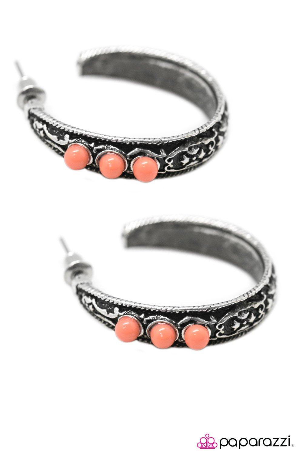 Home On The Range Silver and Orange Hoop Earrings - Paparazzi Accessories- on model - CarasShop.com - Paparazzi Jewelry by Cara Jewels