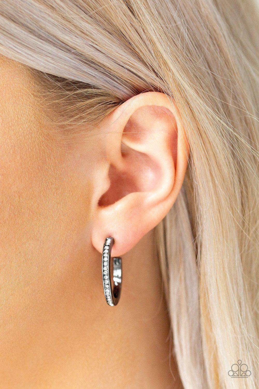 Hoop Haven Gunmetal Black Hoop Earrings - Paparazzi Accessories- on model - CarasShop.com - Paparazzi Jewelry by Cara Jewels