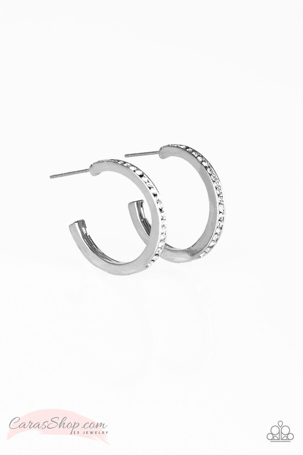 Hoop Haven - Silver and White Rhinestone Hoop Earrings - Paparazzi Accessories- on model - CarasShop.com - Paparazzi Jewelry by Cara Jewels