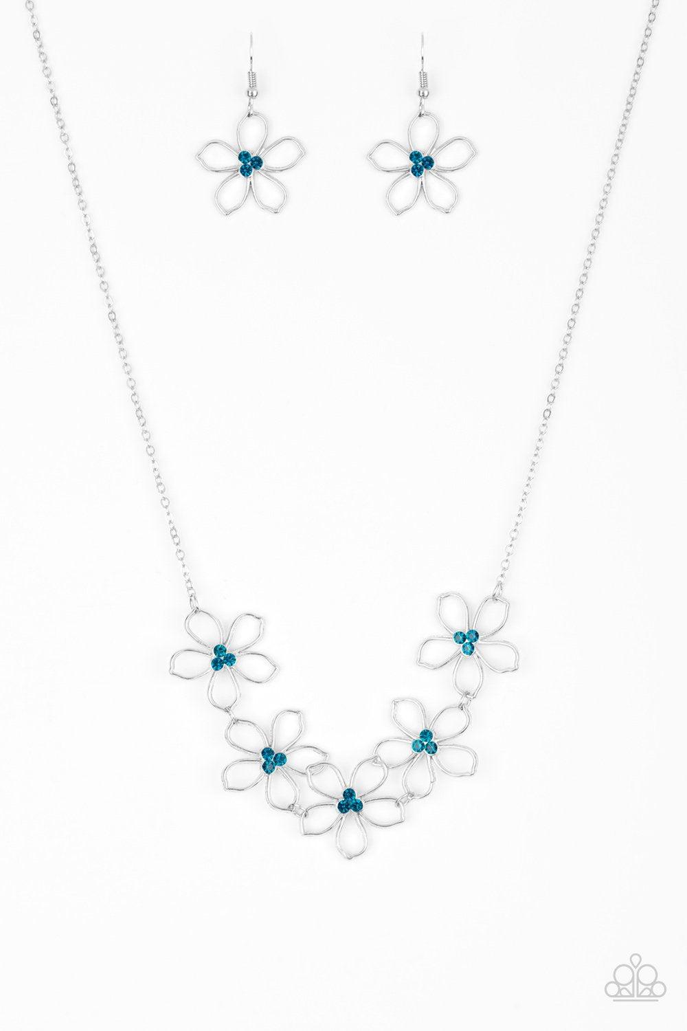 Hoppin' Hibiscus Blue Rhinestone and Silver Flower Necklace - Paparazzi Accessories- lightbox - CarasShop.com - Paparazzi Jewelry by Cara Jewels