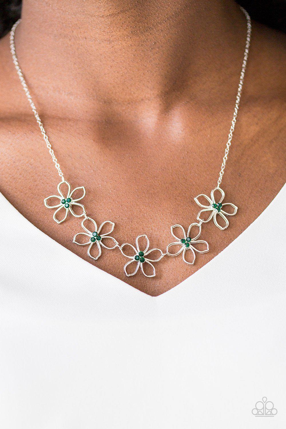 Hoppin Hibiscus Green Flower Necklace and matching Earrings - Paparazzi Accessories- lightbox - CarasShop.com - Paparazzi Jewelry by Cara Jewels