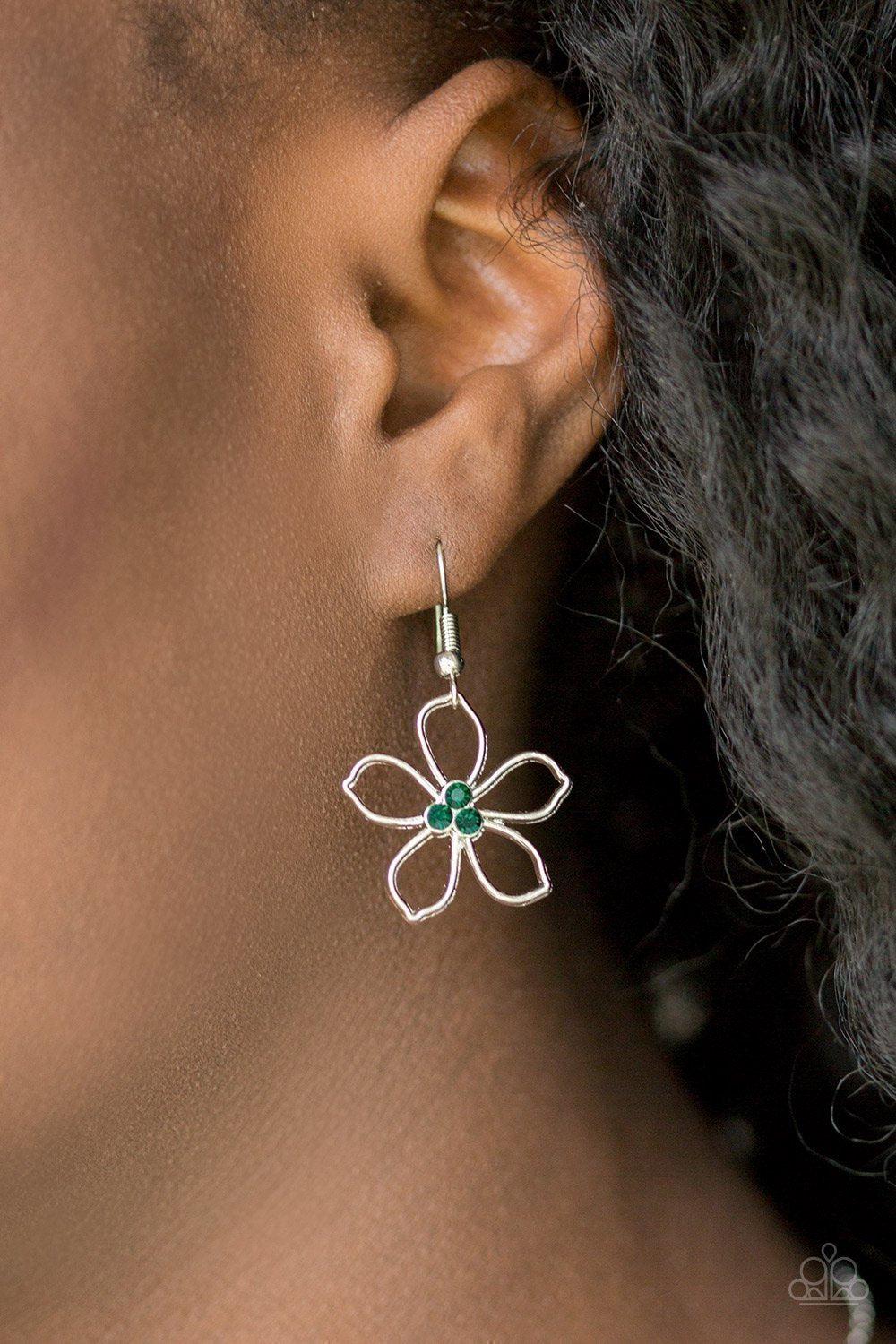 Hoppin Hibiscus Green Flower Necklace and matching Earrings - Paparazzi Accessories- on model - CarasShop.com - Paparazzi Jewelry by Cara Jewels
