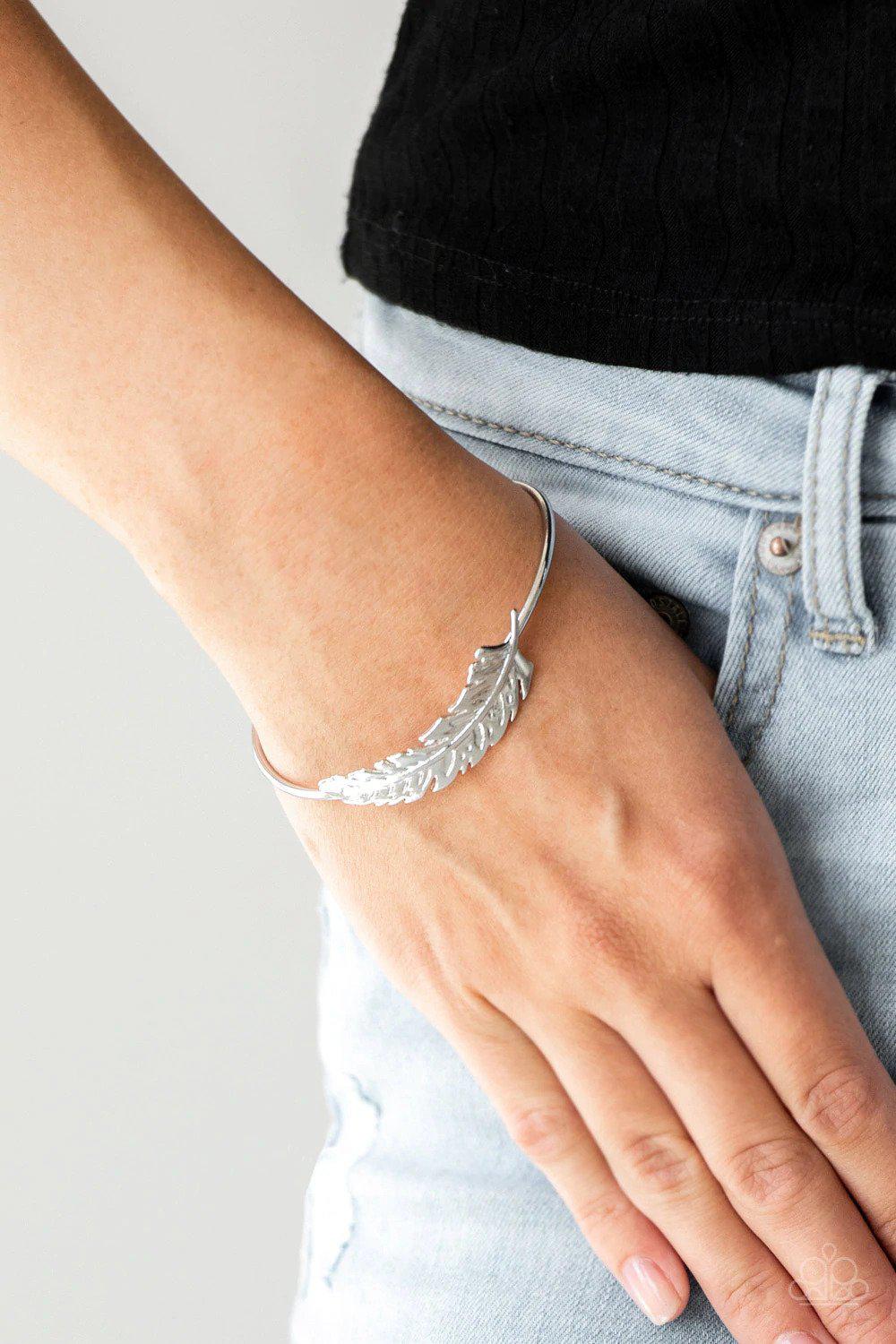 How Do You Like This FEATHER Silver Cuff Bracelet - Paparazzi Accessories- lightbox - CarasShop.com - Paparazzi Jewelry by Cara Jewels