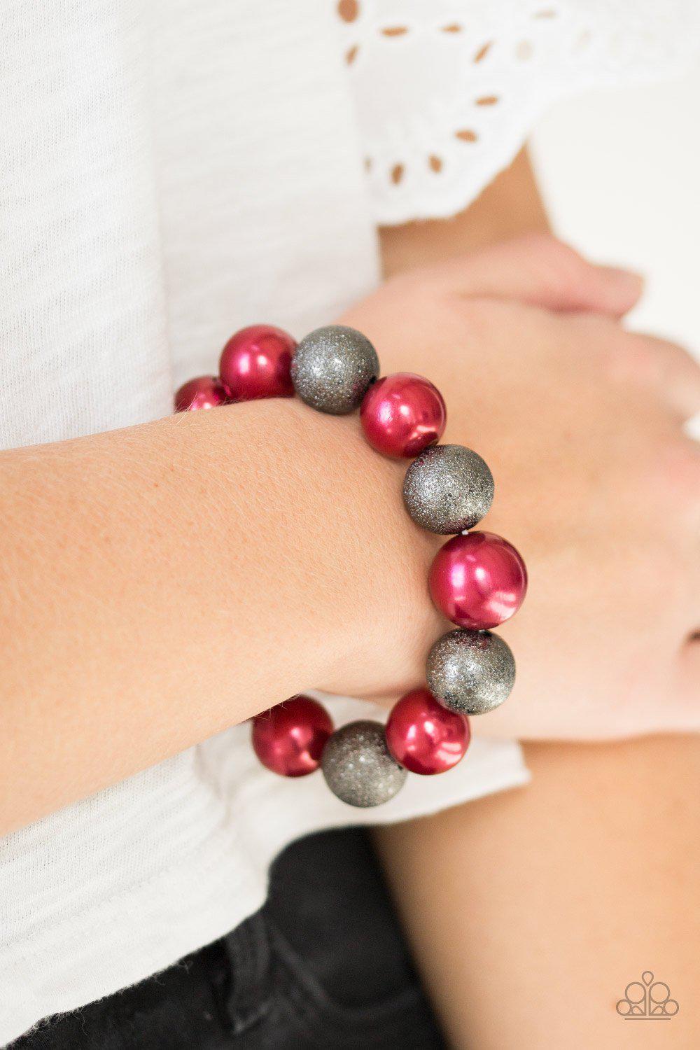 Humble Hustle Red and Gunmetal Pearl Stretch Bracelet - Paparazzi Accessories- lightbox - CarasShop.com - Paparazzi Jewelry by Cara Jewels