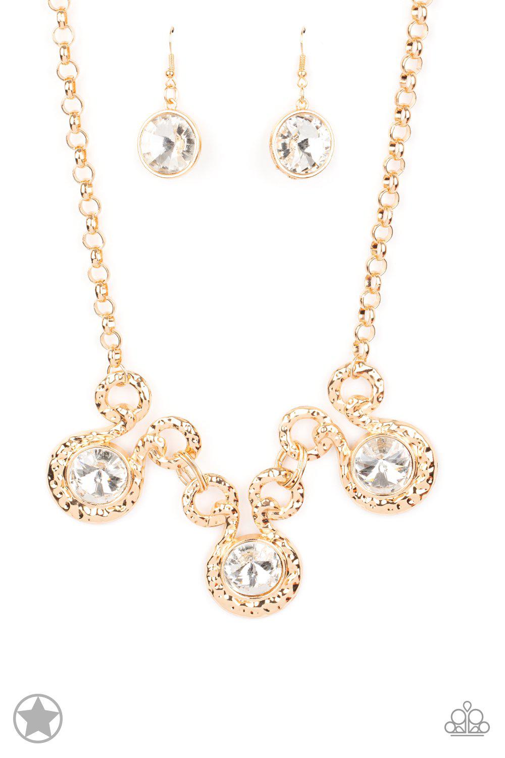 Hypnotized Gold and White Rhinestone Necklace and matching Earrings - Paparazzi Accessories- lightbox - CarasShop.com - Paparazzi Jewelry by Cara Jewels
