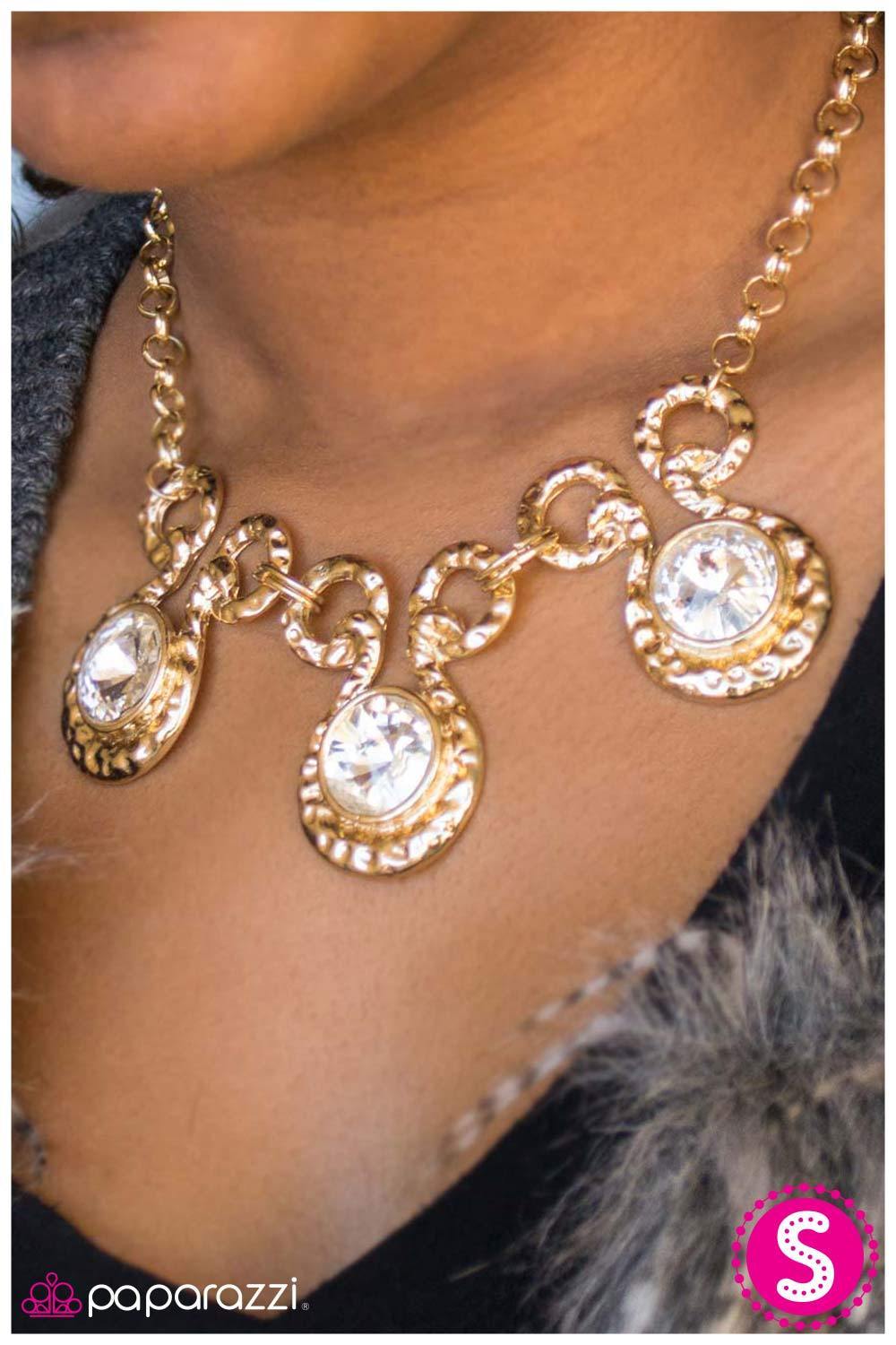 Hypnotized - Gold and White Rhinestone Necklace and matching Earrings - Paparazzi Accessories - model -CarasShop.com - Paparazzi Jewelry by Cara Jewels