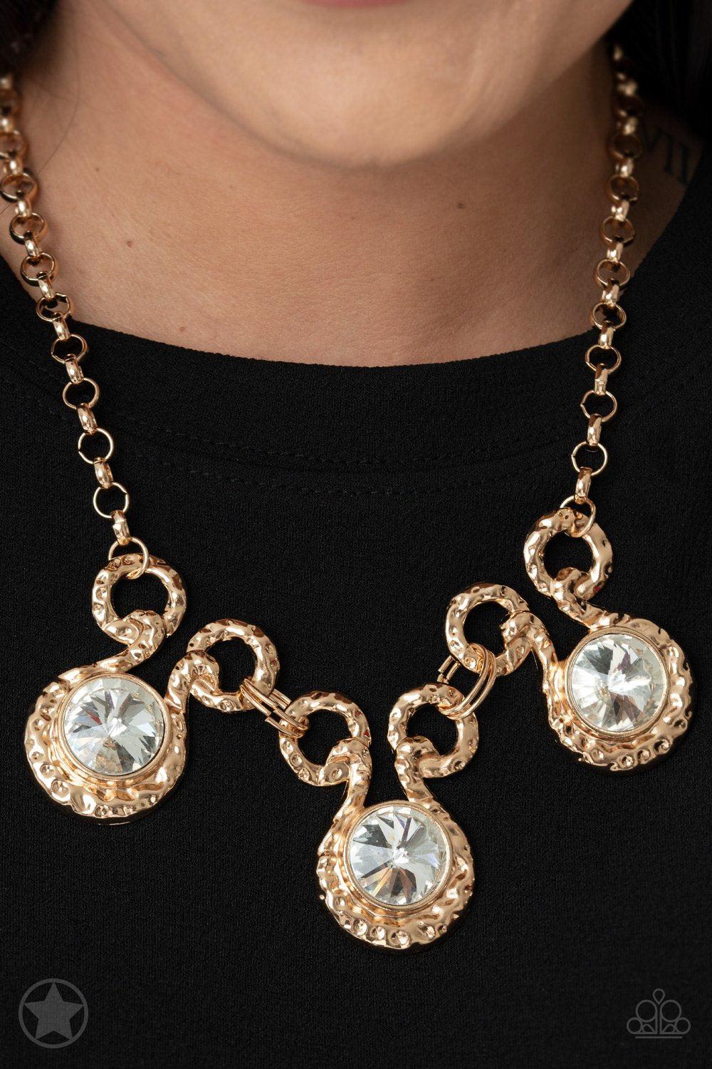Hypnotized Gold and White Rhinestone Necklace and matching Earrings - Paparazzi Accessories- on model - CarasShop.com - Paparazzi Jewelry by Cara Jewels