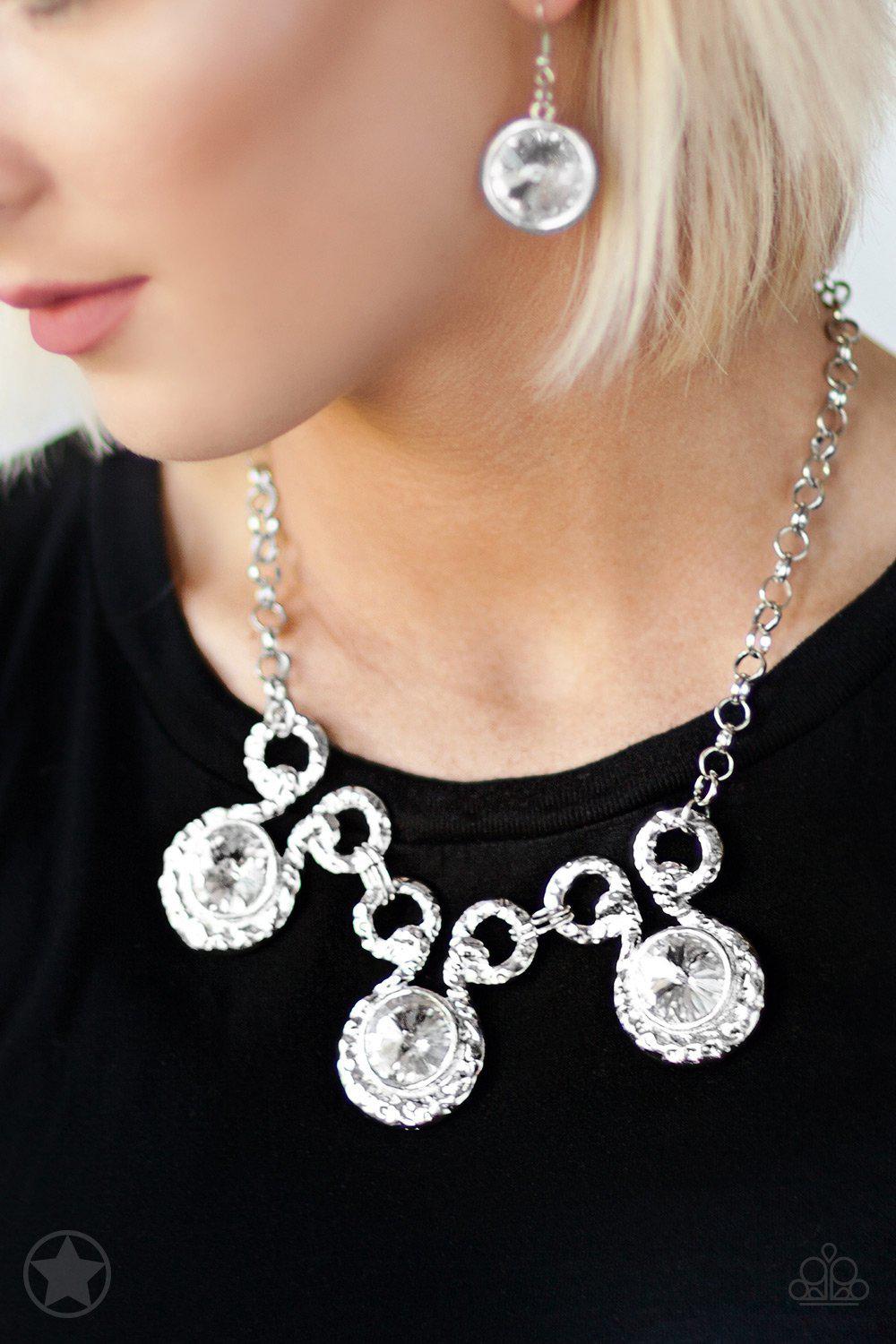 Hypnotized - Silver and White Rhinestone Necklace and matching Earrings - Paparazzi Accessories - model -CarasShop.com - Paparazzi Jewelry by Cara Jewels