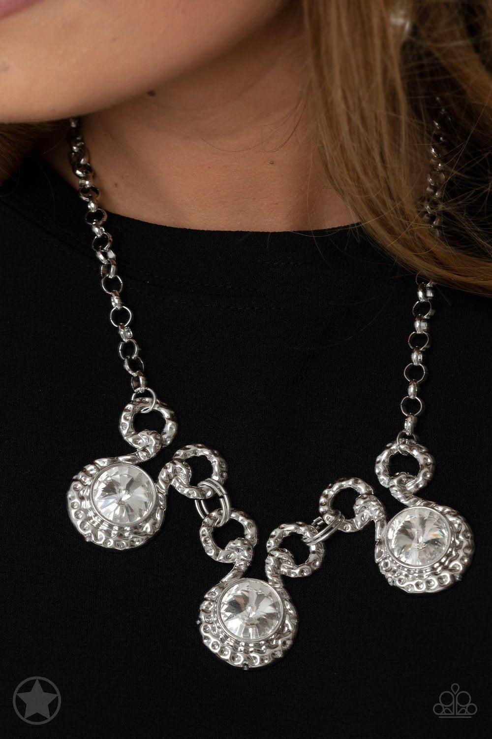 Hypnotized Silver and White Rhinestone Necklace - Paparazzi Accessories- on model - CarasShop.com - Paparazzi Jewelry by Cara Jewels