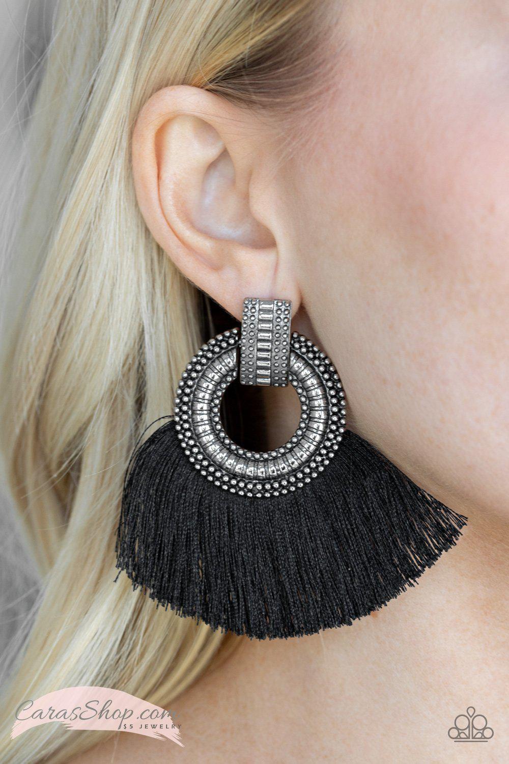 I Am Spartacus - Black Fringe Post Earrings - Paparazzi Accessories- lightbox - CarasShop.com - Paparazzi Jewelry by Cara Jewels