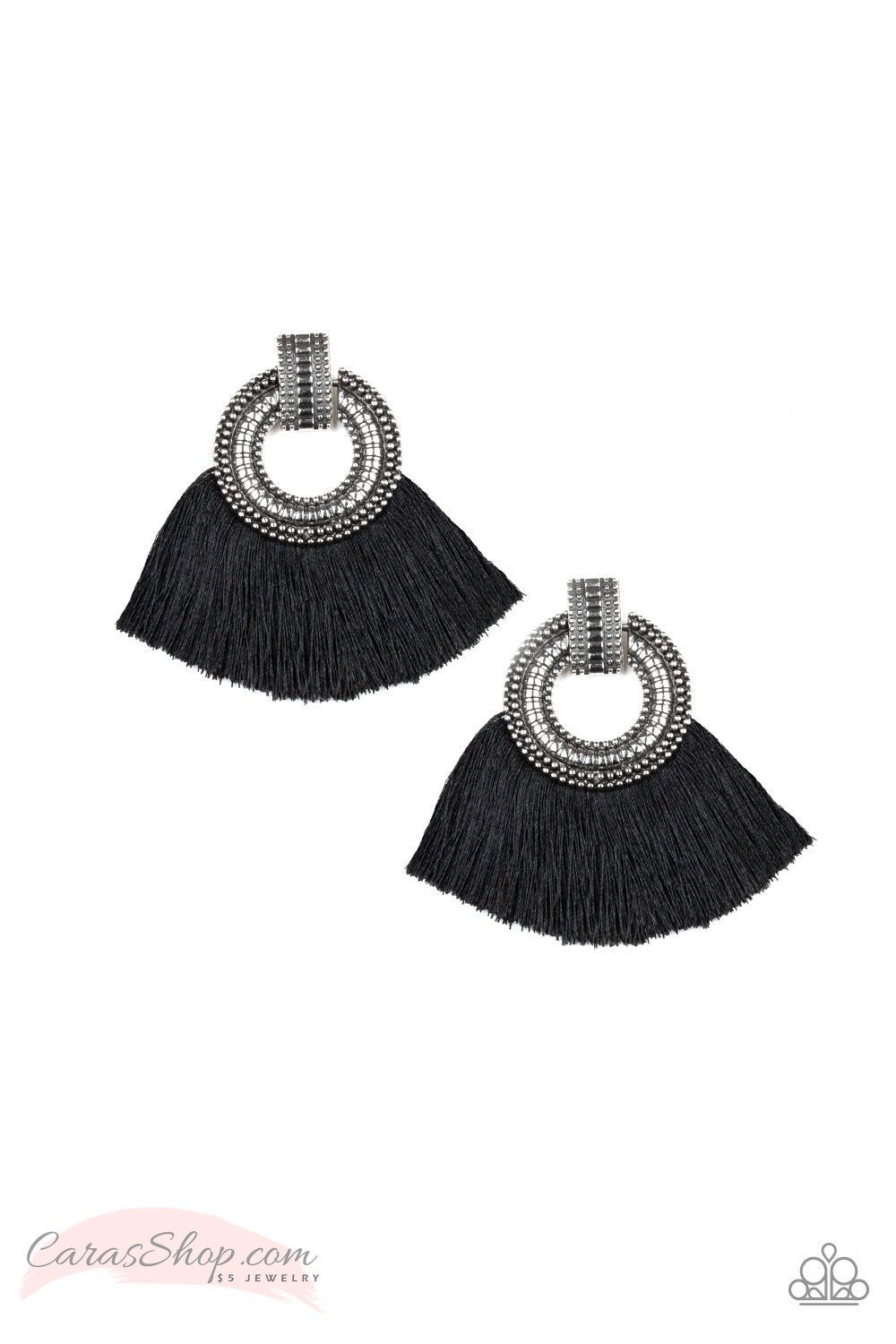 I Am Spartacus - Black Fringe Post Earrings - Paparazzi Accessories- on model - CarasShop.com - Paparazzi Jewelry by Cara Jewels