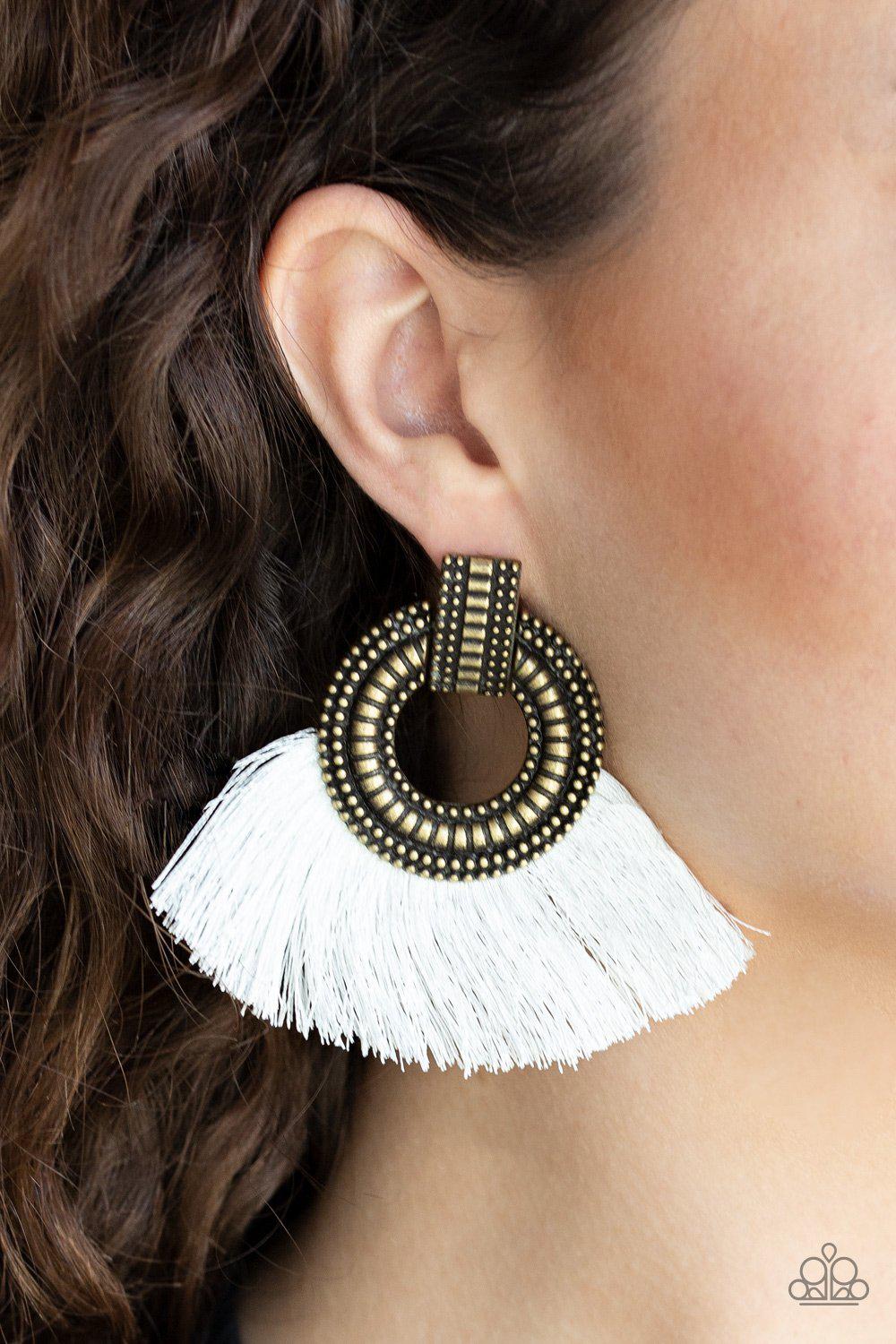 I Am Spartacus Brass White Fringe Earrings - Paparazzi Accessories- lightbox - CarasShop.com - Paparazzi Jewelry by Cara Jewels