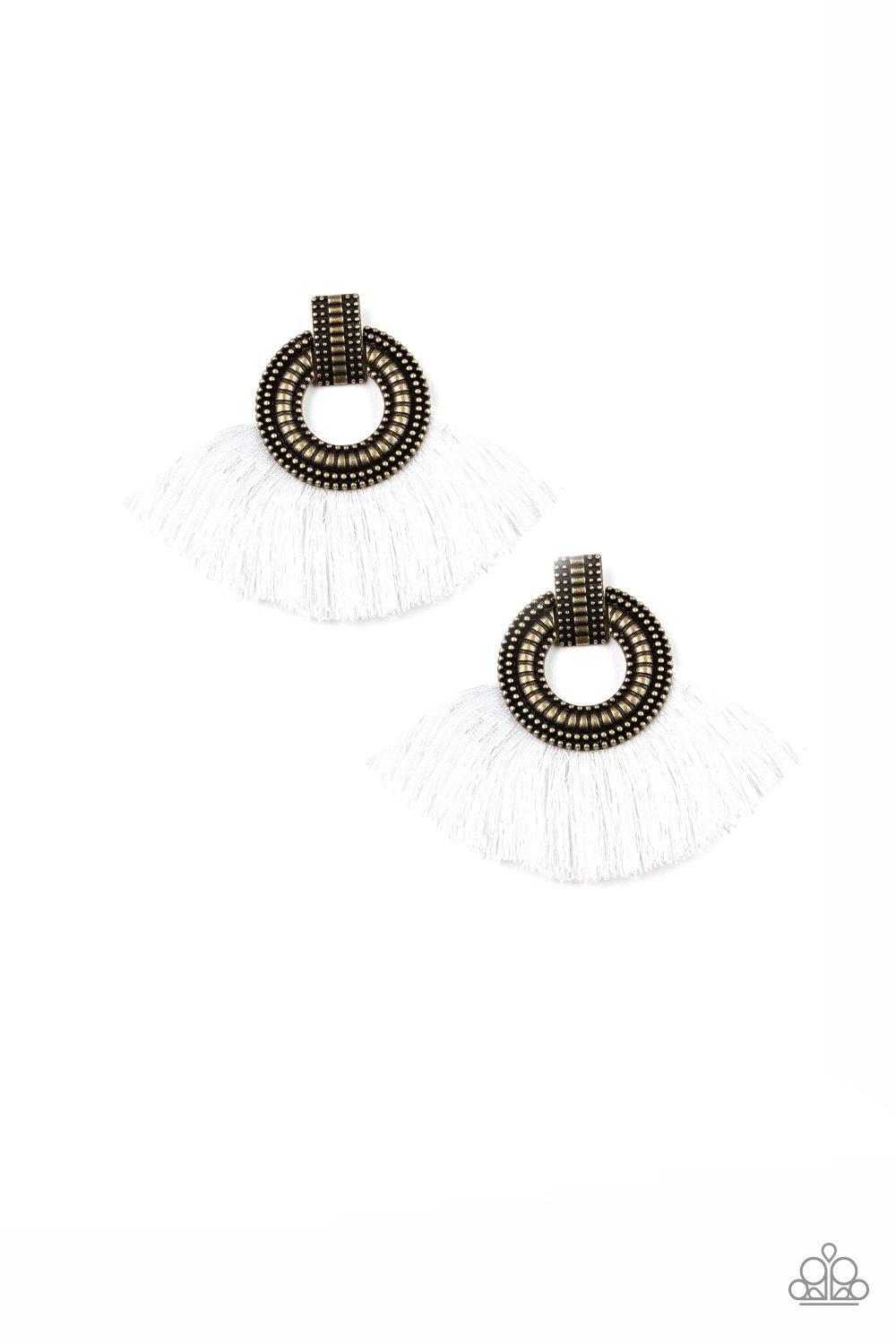 I Am Spartacus Brass White Fringe Earrings - Paparazzi Accessories- on model - CarasShop.com - Paparazzi Jewelry by Cara Jewels