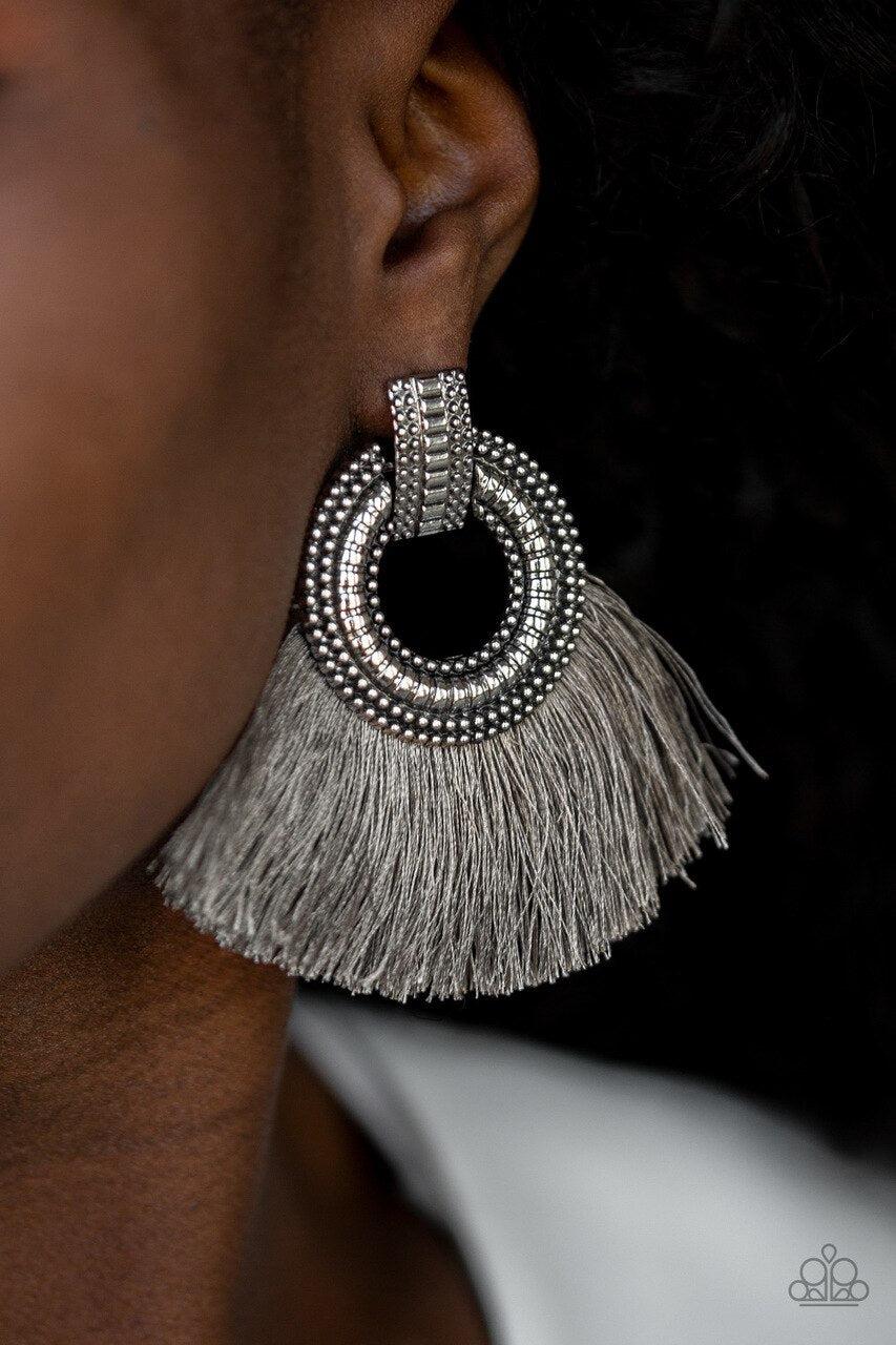 I Am Spartacus Silver Fringe Earrings - Paparazzi Accessories- lightbox - CarasShop.com - Paparazzi Jewelry by Cara Jewels